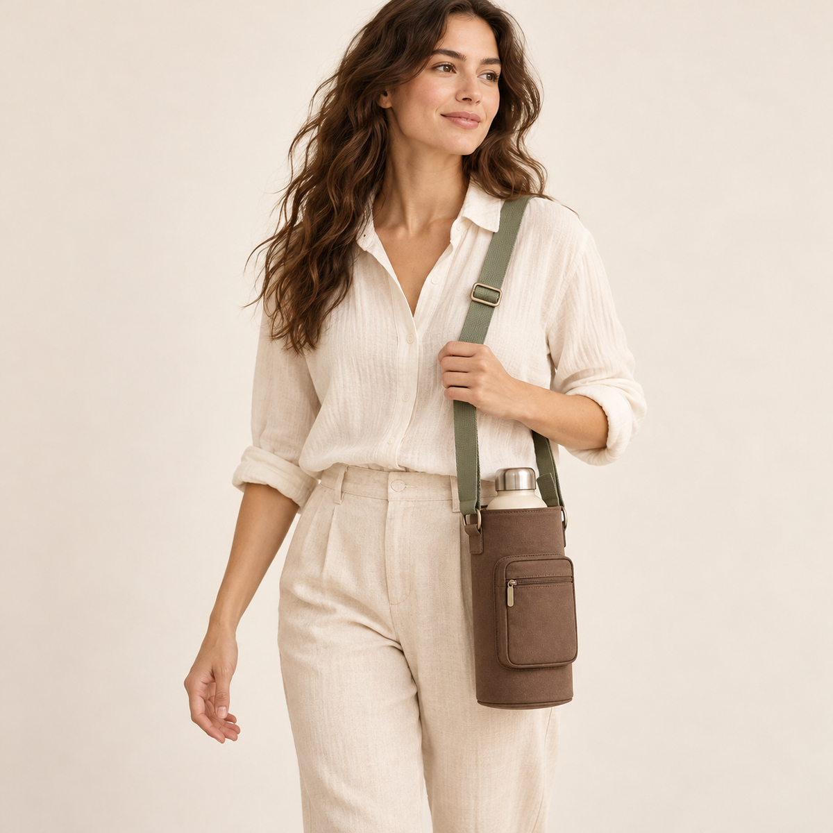 Water Bottle Carrier with Adjustable Shoulder Strap and Zip Pocket