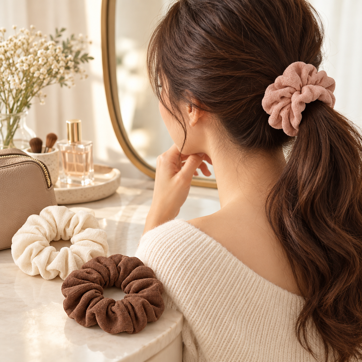 Fabric Scrunchies, Set of 3 — Cream, Blush and Cocoa