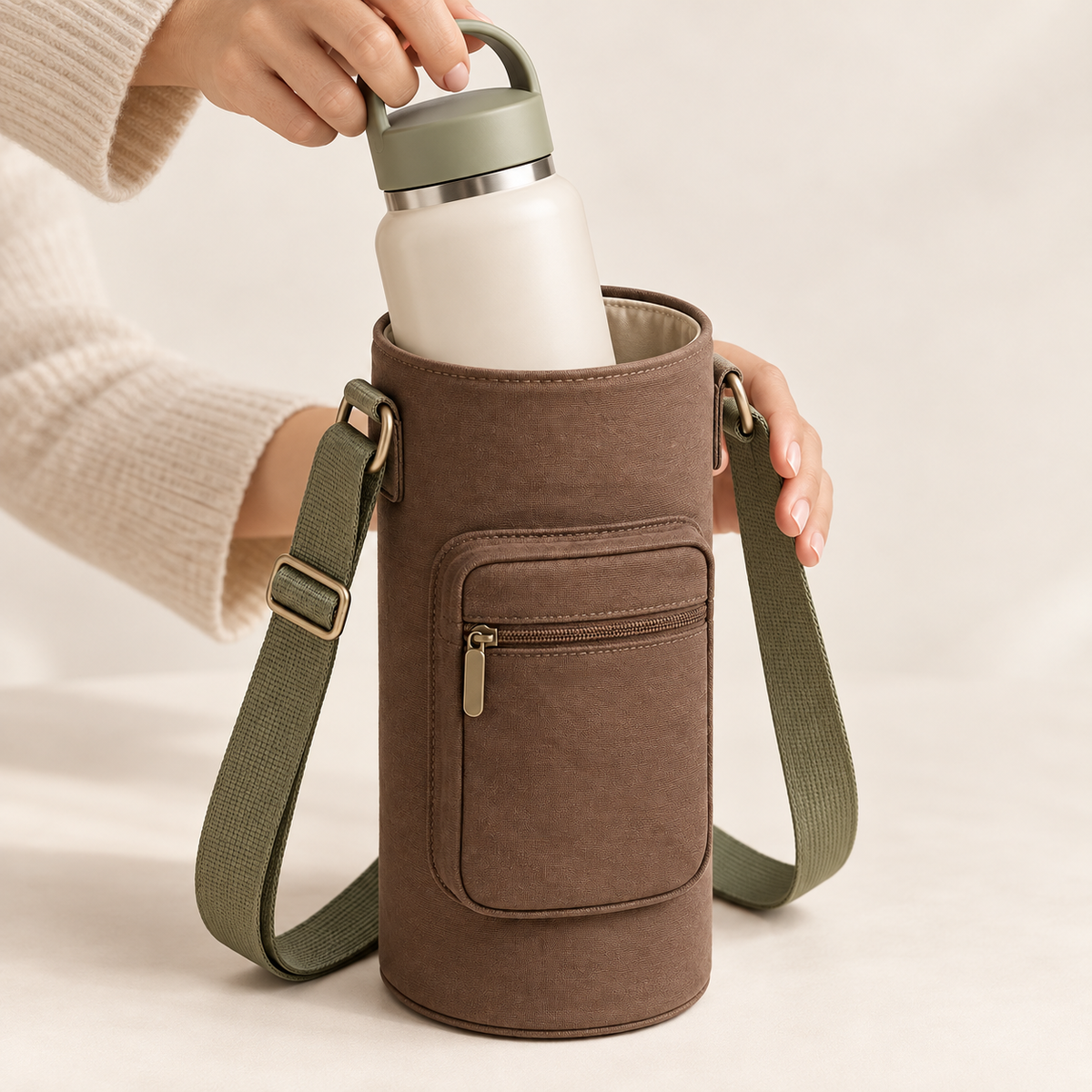 Water Bottle Carrier with Adjustable Shoulder Strap and Zip Pocket