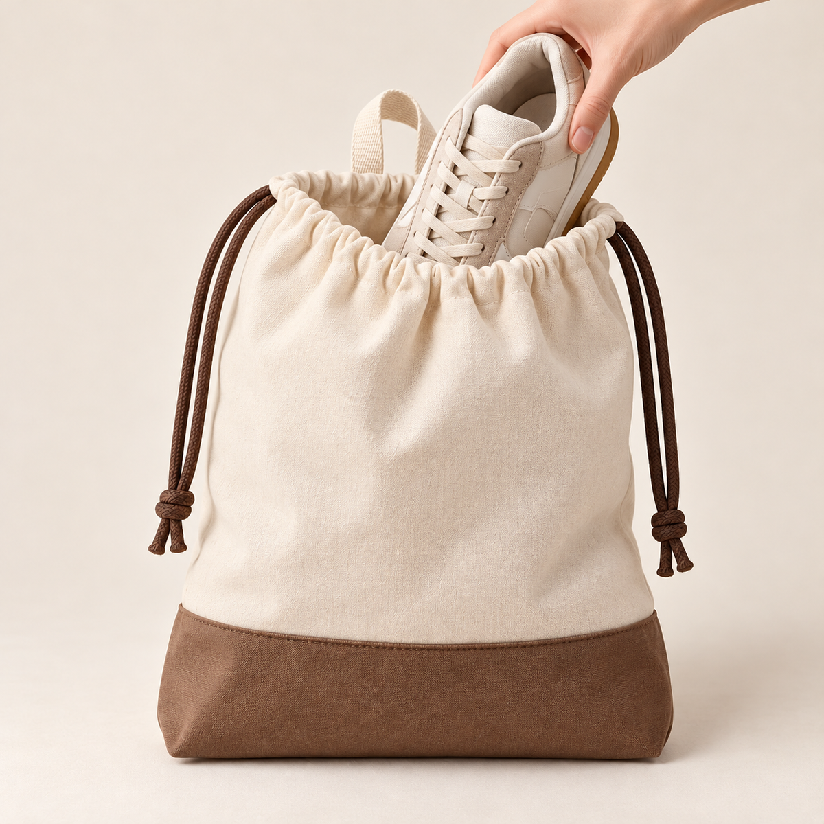 Drawstring Shoe Bag — Cream and Cocoa Brown