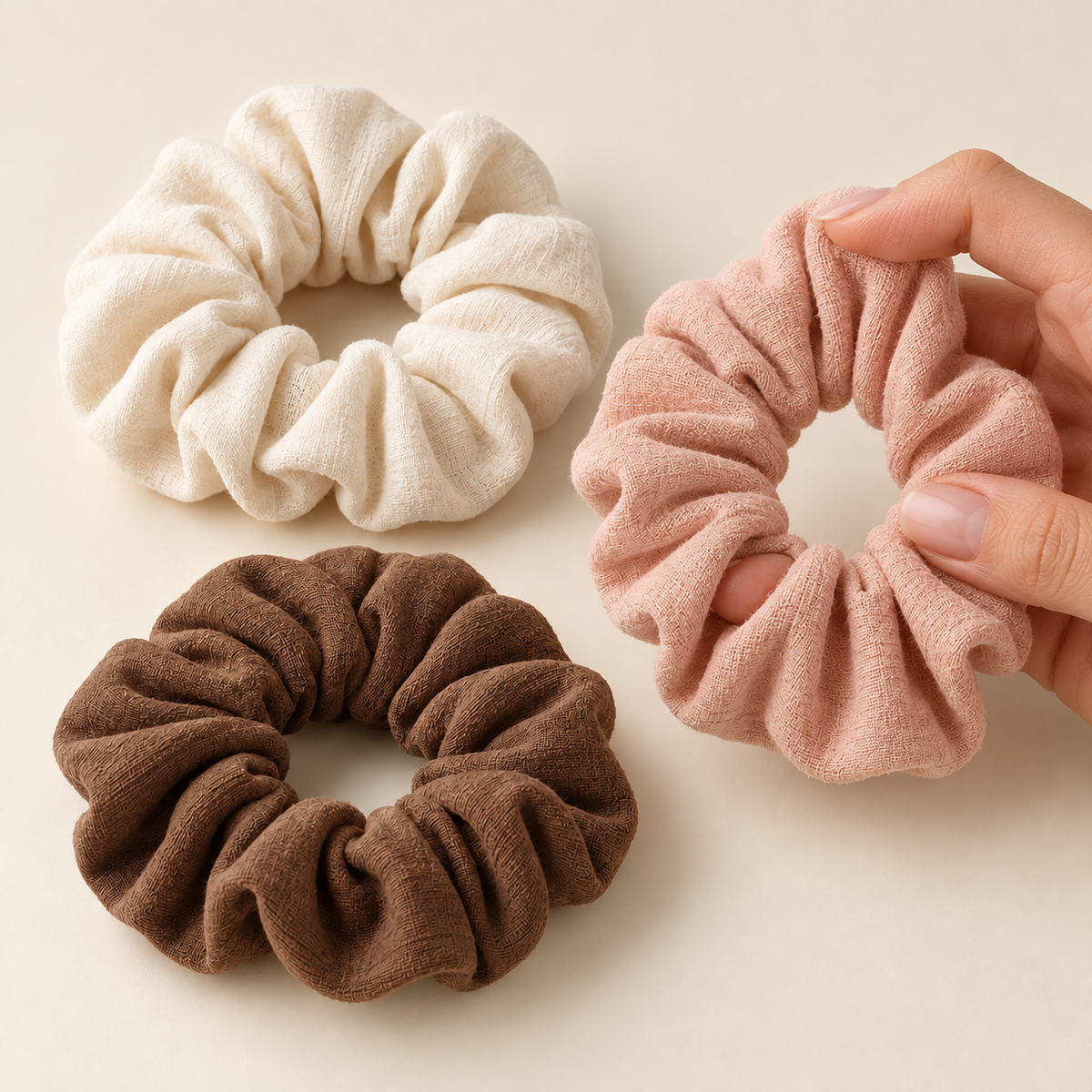 Fabric Scrunchies, Set of 3 — Cream, Blush and Cocoa