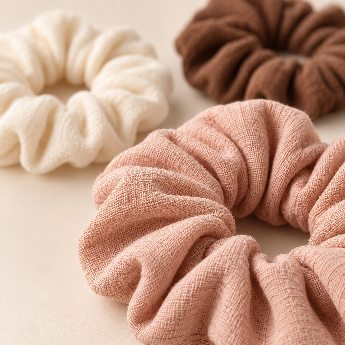 Fabric Scrunchies, Set of 3 — Cream, Blush and Cocoa