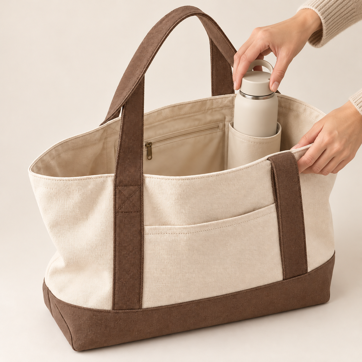 Workout Tote Bag with Front Pocket and Interior Bottle Sleeve