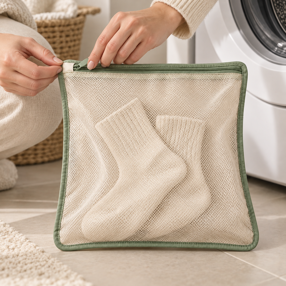 Mesh Sock Laundry Bag with Zip Closure — Cream and Sage