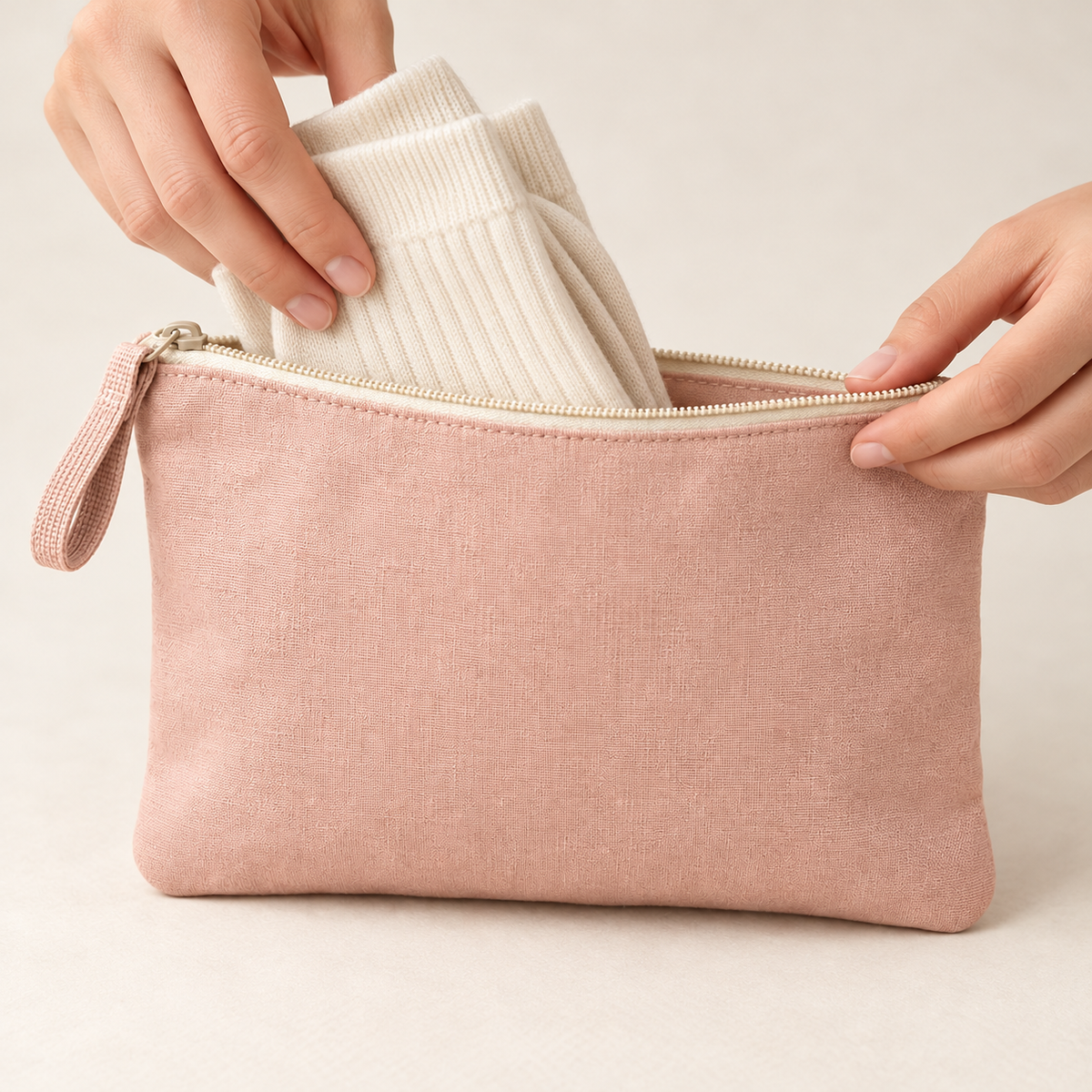 Zippered Sock Storage Pouch — Soft Blush