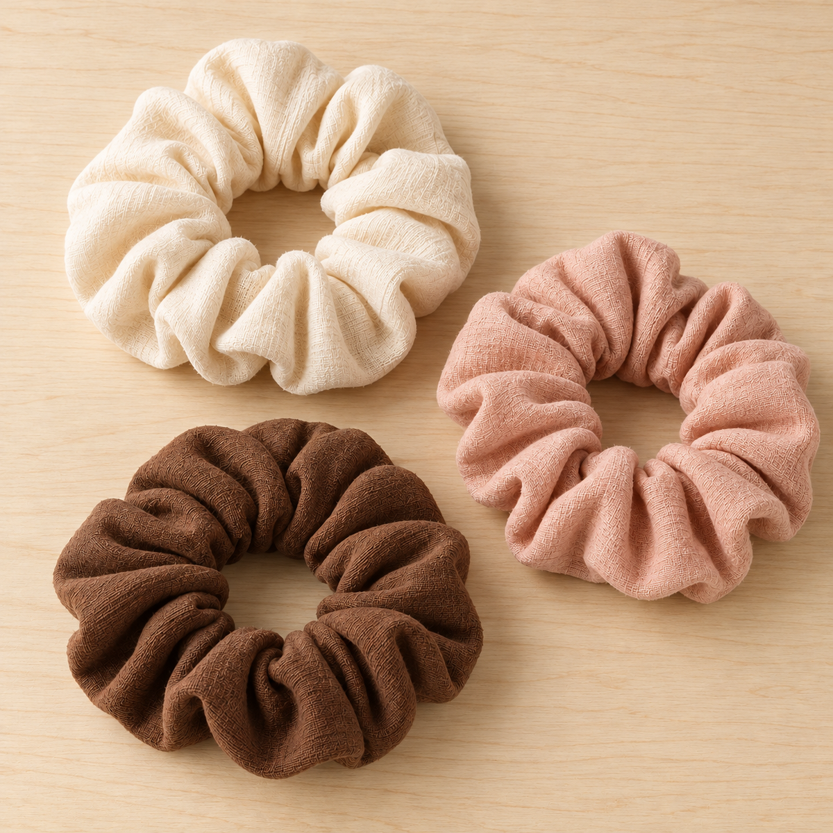 Fabric Scrunchies, Set of 3 — Cream, Blush and Cocoa