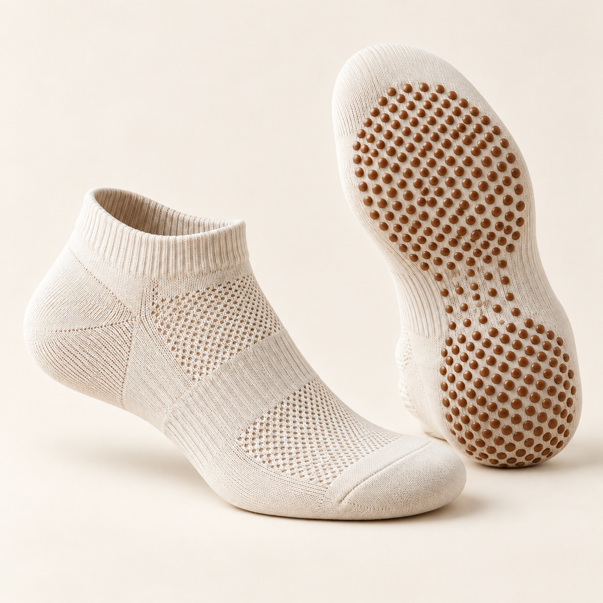 Ankle Pilates Grip Socks with Mesh-Knit Instep — Cream