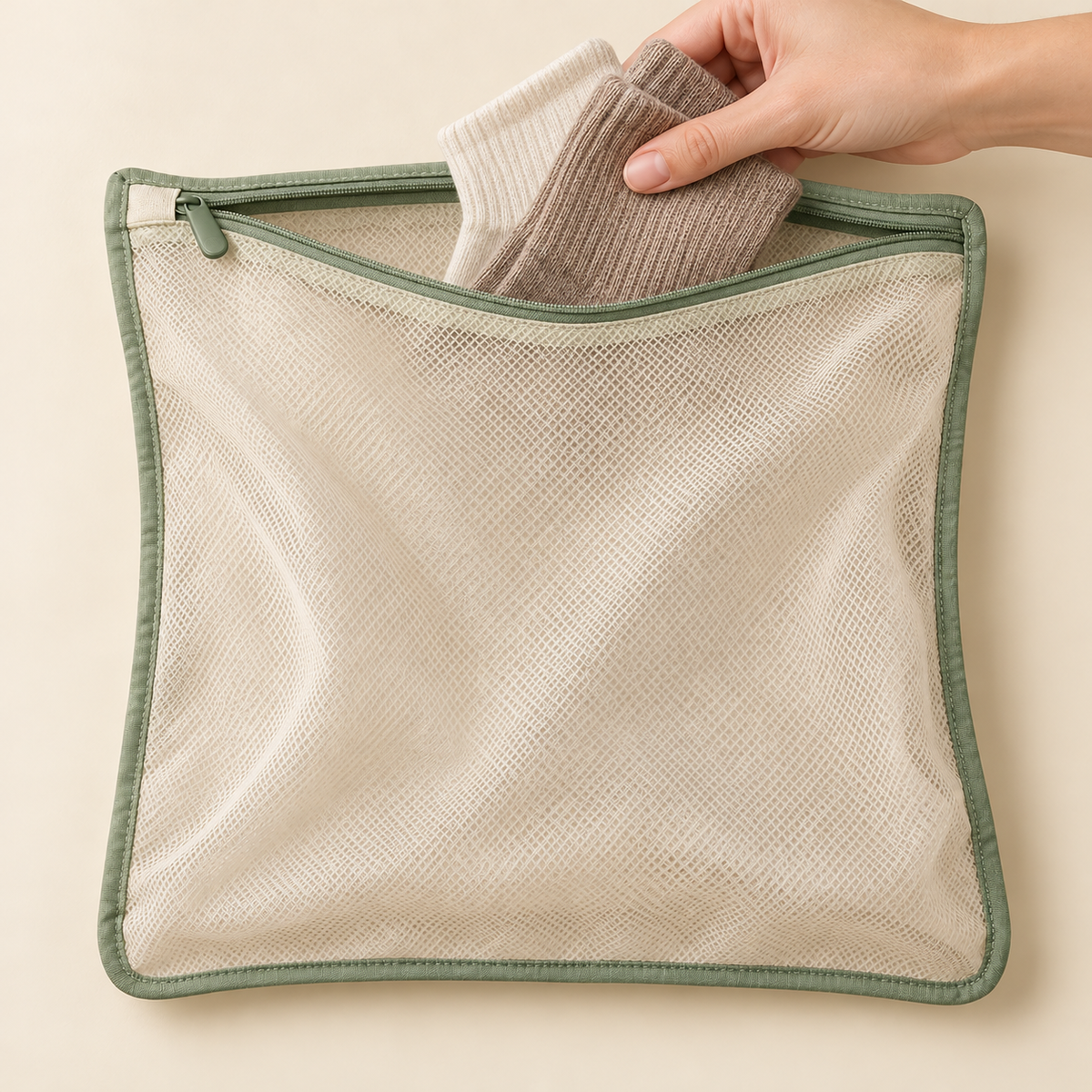 Mesh Sock Laundry Bag with Zip Closure — Cream and Sage