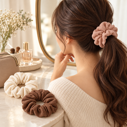 Fabric Scrunchies, Set of 3 — Cream, Blush and Cocoa