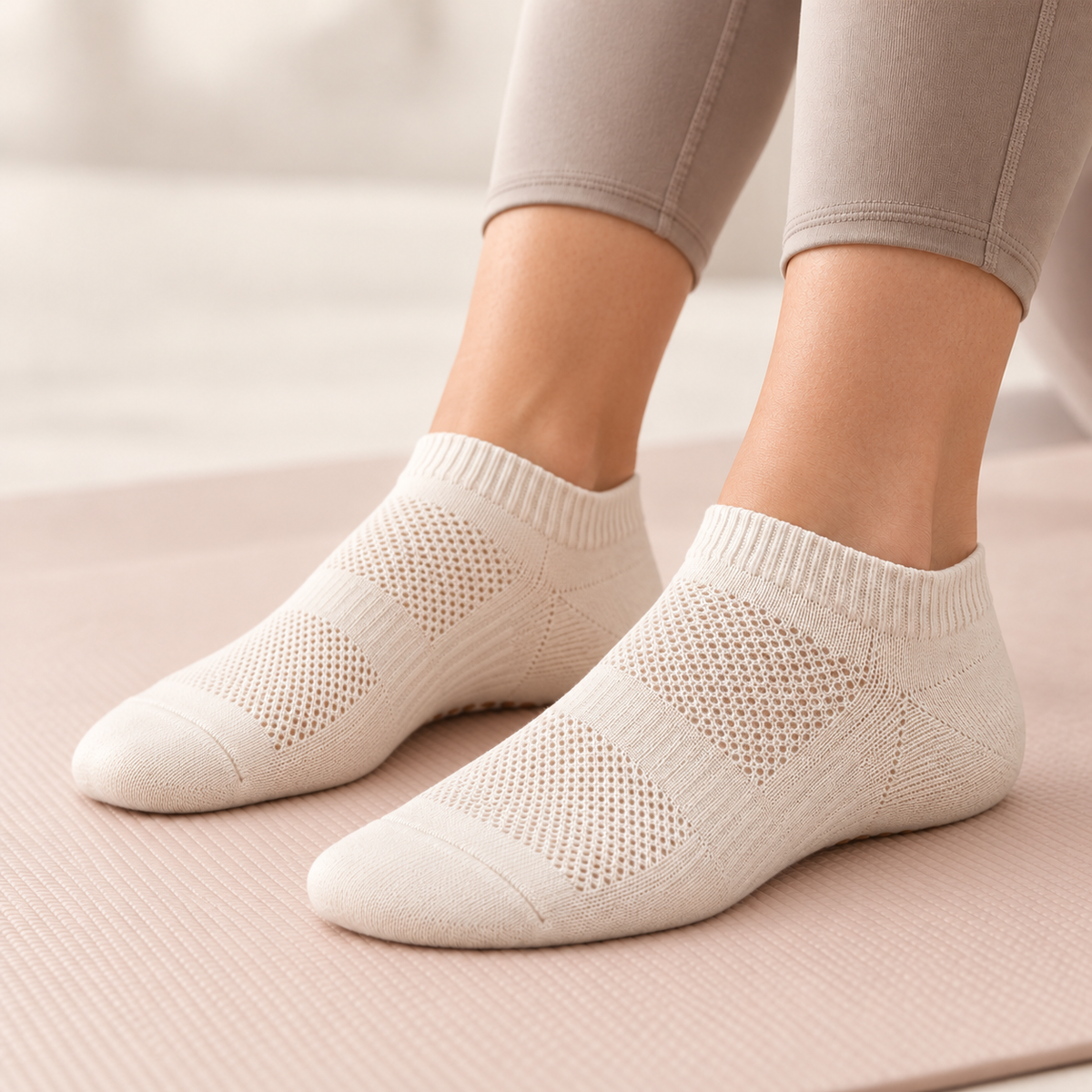 Ankle Pilates Grip Socks with Mesh-Knit Instep — Cream