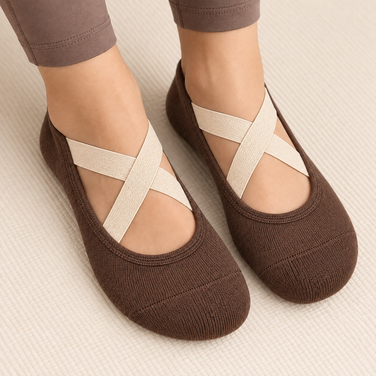 Closed-Toe Cross-Strap Grip Socks — Cocoa Brown