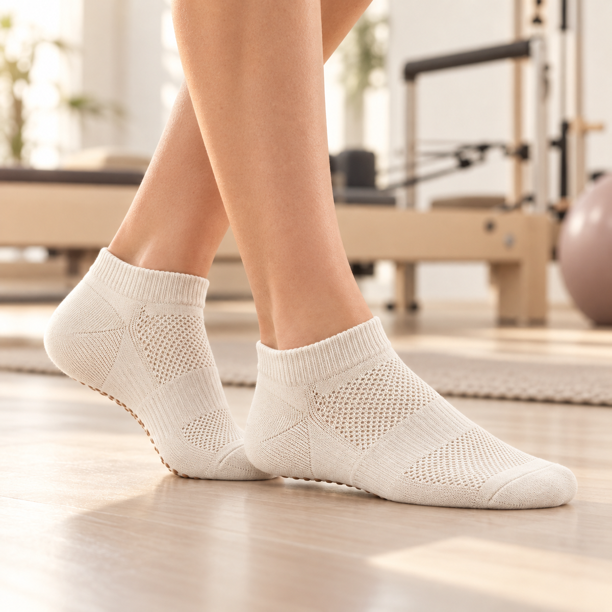 Ankle Pilates Grip Socks with Mesh-Knit Instep — Cream
